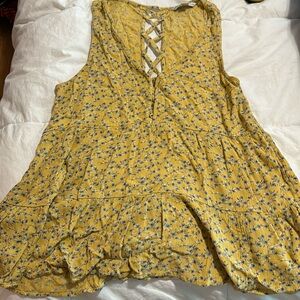 American Eagle Outfitters Yellow Floral Lace Up Tiered Mini Dress Size S